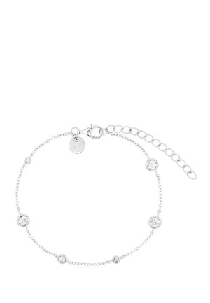 Bracelet chaîne en argent avec six pierres précieuses rondes claires réparties uniformément et une fermeture réglable à pince homard.