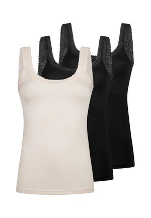 Tre ærmeløse camisole med blondertrimmede stropper, to sorte og en beige, lagt side om side på en hvid baggrund.