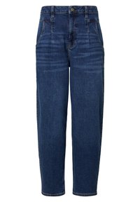 Jeans in denim blu scuro con vita alta, design a gamba dritta, cinque tasche e cuciture visibili per rinforzo.