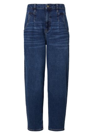 Donkerblauwe denim jeans met een hoge taille, rechte pijpontwerp, vijf zakken en zichtbare stiksels voor versteviging.
