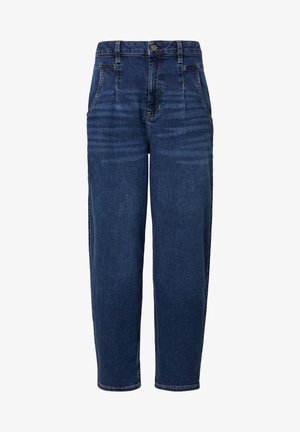 Temne modre kavbojke z visokim pasom, raven kroj, pet žepov in vidno šivanje za ojačitev.