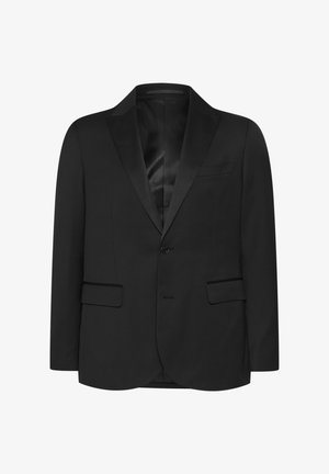 Schwarze Blazer mit einem einzelnen Knopf, Reverskragen und zwei vorderen Taschen. Aus glattem Material mit einer leicht strukturierten Passform.