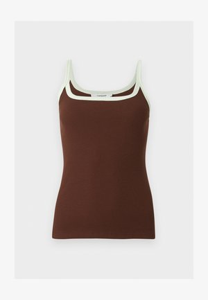 Pruun soonikuga tank-top, millel on valge ääristus kaelusel ja rihmadel, kandiline kaelus ja õhukesed õlarihmad.