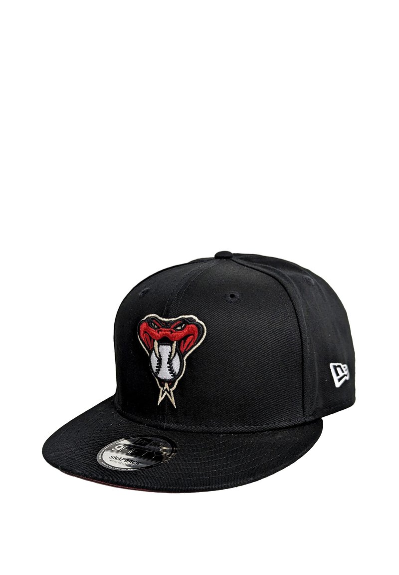 Black baseball cap made of fabric with a flat brim. Features an embroidered red and white snake design on the front. Includes a logo on the side.