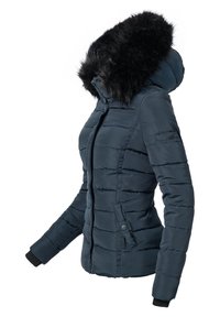 Navy puffer jacket featuring a faux fur-lined hood, horizontal stitching, zippered front, and two side pockets with button closures.