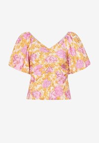 Blumige Bluse in Gelb und Pink mit Puffärmeln, einem V-Ausschnitt und einer gerafften Detail an der Vorderseite. Hergestellt aus leichtem Stoff.