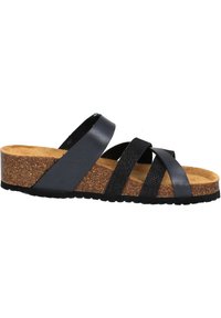 Black leather slide sandals with cork footbed, featuring textured cross straps and a wedge sole. Rubber outsole for grip and support.