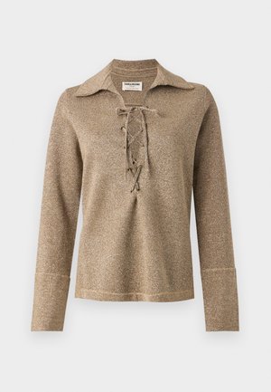 Lace-up long-sleeve top in gold, featuring a collar and a textured, shimmering fabric with a relaxed fit and stitched cuffs.