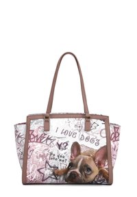 Borsa tote con uno sfondo grigio chiaro caratterizzata da una grafica di un cane marrone e bianco, dettagli rosa e motivi testuali che dicono "Amo i cani."