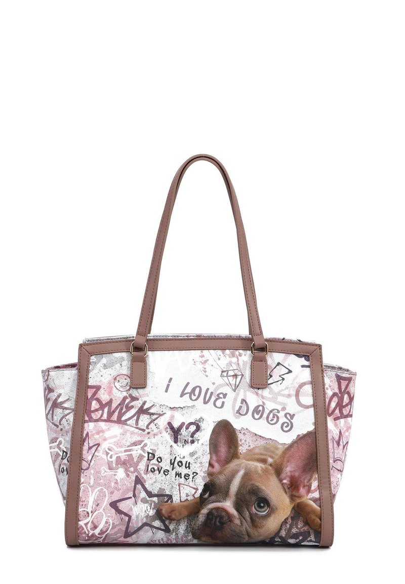 Borsa tote con uno sfondo grigio chiaro caratterizzata da una grafica di un cane marrone e bianco, dettagli rosa e motivi testuali che dicono "Amo i cani."
