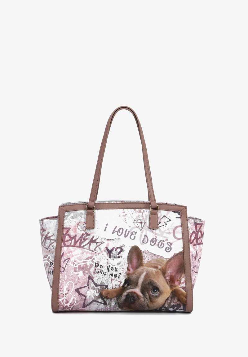 Borsa tote con uno sfondo grigio chiaro caratterizzata da una grafica di un cane marrone e bianco, dettagli rosa e motivi testuali che dicono "Amo i cani."