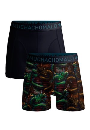 Dve bokser hlačke z blagovno znamko na pasu, ena enobarvna črna in ena z večbarvnim vzorcem zmaja in templja na temnem ozadju.