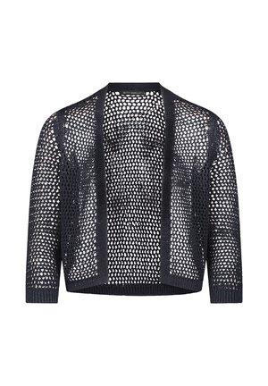 Cardigan noir en crochet ouvert devant avec manches trois-quarts et bords côtelés.