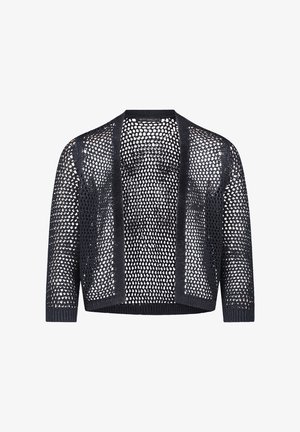 Cardigan noir en crochet ouvert devant avec manches trois-quarts et bords côtelés.