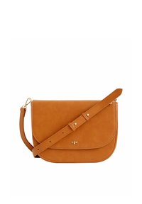 Svetlo rjava crossbody torba iz gladke umetne usnje z zapiranjem na pokrov, nastavljivim trakom in diskretnimi zlatimi dodatki.