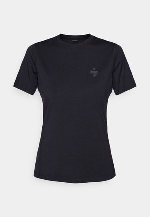 Black short-sleeve T-shirt made of soft fabric, featuring a round neckline and a small, tonal logo on the upper left chest.