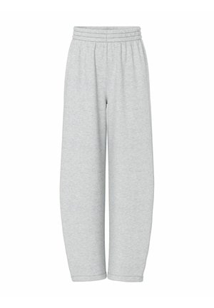 Pantalon de survêtement gris à jambes larges, taille élastique et tissu en coton doux. Texture lisse sans motifs ni accents visibles.