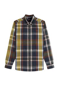 Camicia a maniche lunghe con bottoni caratterizzata da un motivo multicolore a quadri in blu navy, verde, giallo e arancione, con un dettaglio logo sul lato sinistro del petto.