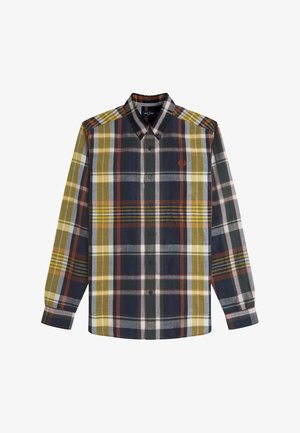 Camicia a maniche lunghe con bottoni caratterizzata da un motivo multicolore a quadri in blu navy, verde, giallo e arancione, con un dettaglio logo sul lato sinistro del petto.