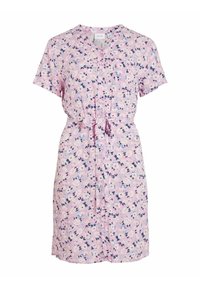 Abito corto a maniche corte floreale in rosa con fiori blu e bianchi. Presenta una chiusura frontale con bottoni e una vita regolabile con lacci per una vestibilità adattabile.
