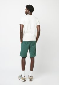 T-shirt blanc à manches courtes, short vert, chaussettes blanches et chaussures de sport avec des accents multicolores. Design simple, coupe décontractée.