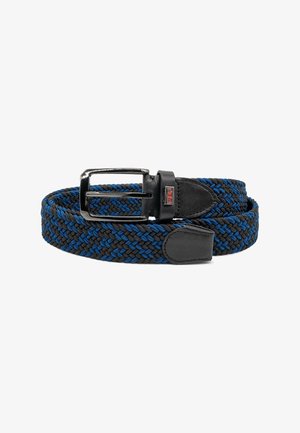 Braided black and blue fabric belt with black leather ends and silver metal buckle on a white background.
