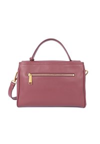 Roze leren handtas met een ritsvak en gouden hardware. Gestructureerd ontwerp, bovenhandvat en afneembare schouderriem. Gladde textuur.