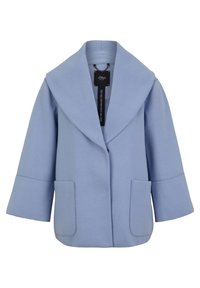 Ljusblå cardigan i ullblandning med bred krage, framfickor och trekvartsärmar, som har en ren och strukturerad silhuett.