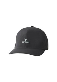 Gorra de béisbol negra hecha de material suave, con visera curvada, detalles cosidos y un logotipo blanco de Rip Curl en la parte frontal.