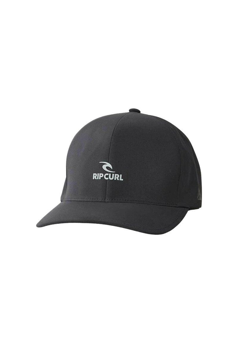Gorra de béisbol negra hecha de material suave, con visera curvada, detalles cosidos y un logotipo blanco de Rip Curl en la parte frontal.