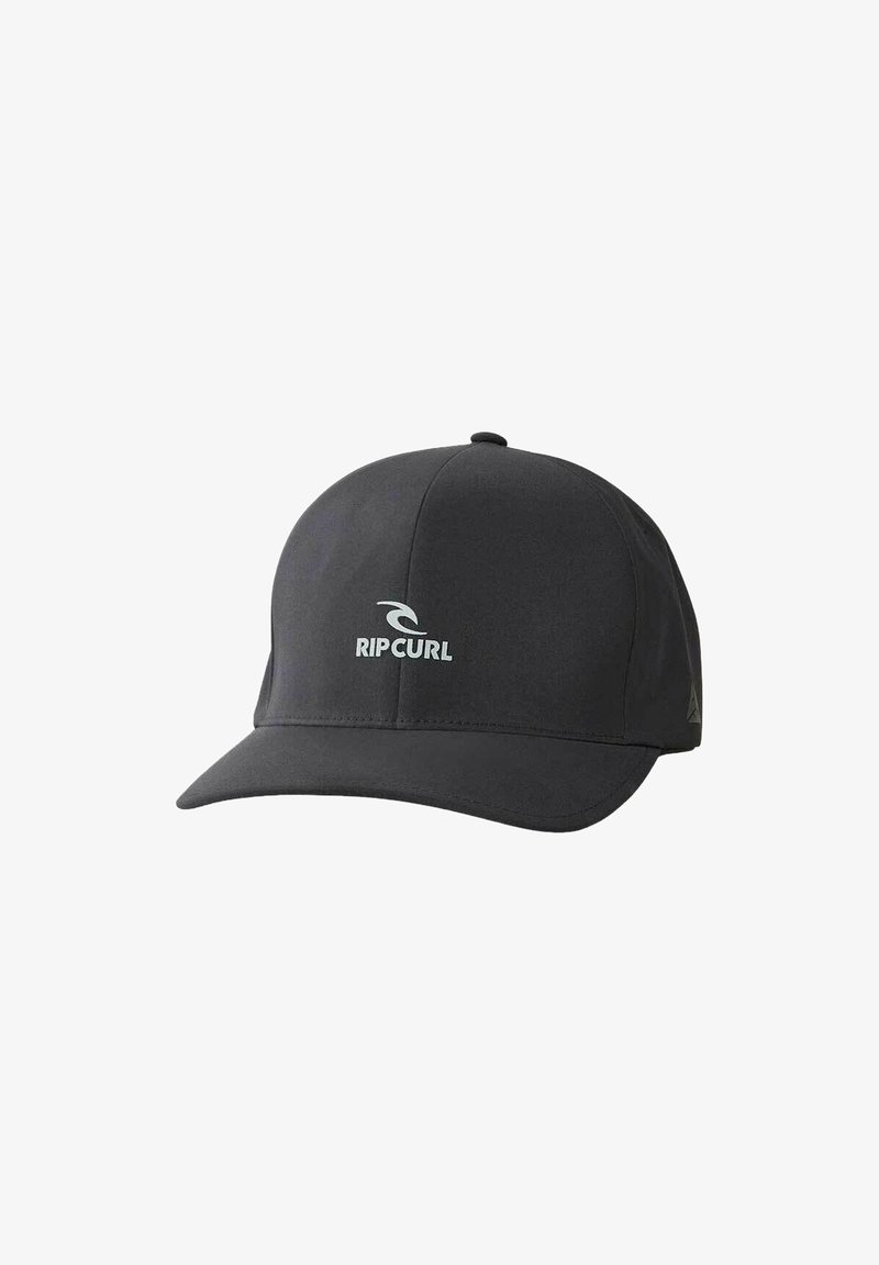 Gorra de béisbol negra hecha de material suave, con visera curvada, detalles cosidos y un logotipo blanco de Rip Curl en la parte frontal.