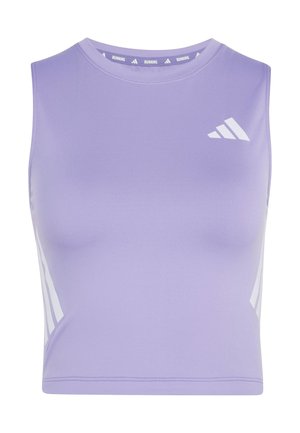 Lawendowy, krótki, bezrękawnik sportowy z białym logo Adidas na piersi i napisem "RUNNING" wewnątrz kołnierza.