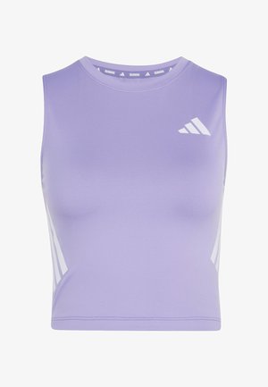 Lawendowy, krótki, bezrękawnik sportowy z białym logo Adidas na piersi i napisem "RUNNING" wewnątrz kołnierza.