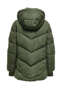 Green padded winter jacket with hood, horizontal and chevron stitching patterns, and ribbed cuffs, shown from the back on a white background.