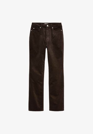 Braune Cordhosen mit geradem Bein, ausgestattet mit zwei vorderen Taschen und einem Knopfverschluss. Weicher Stoff mit vertikalen Rippungen.