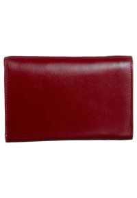 Rectangular red leather wallet with a smooth texture, closed and displayed against a white background.