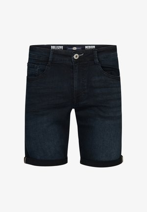 Mørke denimshorts med opsmøg, fem lommer og en lukning med metalknap. Har subtil falmning og et mærke med teksten "BULLSEYE MEDIUM."