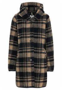 Buffalo check jas met capuchon, gemaakt van zachte stof. Kleuren omvatten donker marineblauw en beige in een geruit patroon. Voorzien van knopen en zijzakken.