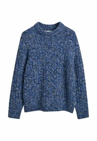 Granatowy sweter wykonany na drutach z teksturowanym wzorem, okrągłym dekoltem i długimi rękawami, cechujący się luźnym krojem i ściągaczem u dołu.
