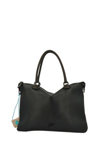 Borsa a mano in pelle nera con finitura testurizzata, due manici e dettagli in metallo rotondi. Presenta un logo sul davanti e un'etichetta attaccata.