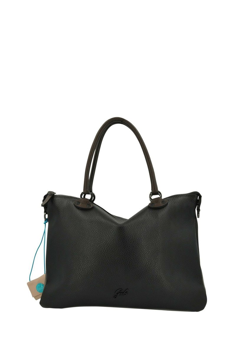 Borsa a mano in pelle nera con finitura testurizzata, due manici e dettagli in metallo rotondi. Presenta un logo sul davanti e un'etichetta attaccata.