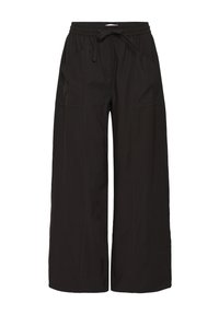 Pantalon noir à jambes larges en tissu doux, doté d'une taille élastique, d'un cordon de serrage et de deux poches latérales, avec des détails de couture visibles.