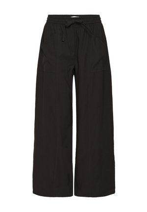 Pantalon noir à jambes larges en tissu doux, doté d'une taille élastique, d'un cordon de serrage et de deux poches latérales, avec des détails de couture visibles.
