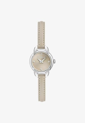 Runde Silberton-Uhr mit einem beigen Metallzifferblatt, sechs Stundenmarkierungen und einem hellbeigen Lederarmband mit passender Naht.