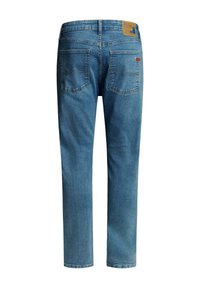 Mørkeblå jeans, rett ben-design, middels vask, med en strukturert denimstoff. Har to baklommer og et merke på midjemålet.