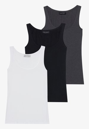 Tre canotte in bianco, nero e grigio scuro, con scollatura a girocollo e realizzate in un tessuto morbido ed elastico. Etichette visibili su ciascuna.