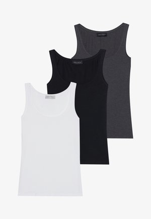 Three tank tops in white, black, and dark gray, featuring a scoop neckline and made from a soft, stretchy fabric. Tags visible on each.
