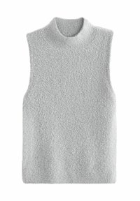 Grijze mouwloze pullover met een hoge hals. Gemaakt van zacht, gestructureerd breiwerk. Eenvoudig ontwerp, geen extra patronen of accenten.