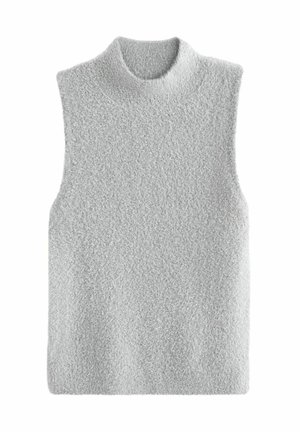Pull-over sans manches gris avec un col montant. Fabriqué en tissu tricoté doux et texturé. Design simple, sans motifs ou accents supplémentaires.