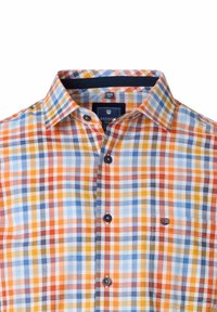 Kariertes Hemd mit Knopfverschluss in Orange, Blau, Gelb und Weiß. Hergestellt aus leichtem Stoff, mit Kragen und aufgenähtem Taschen-Detail vorne.